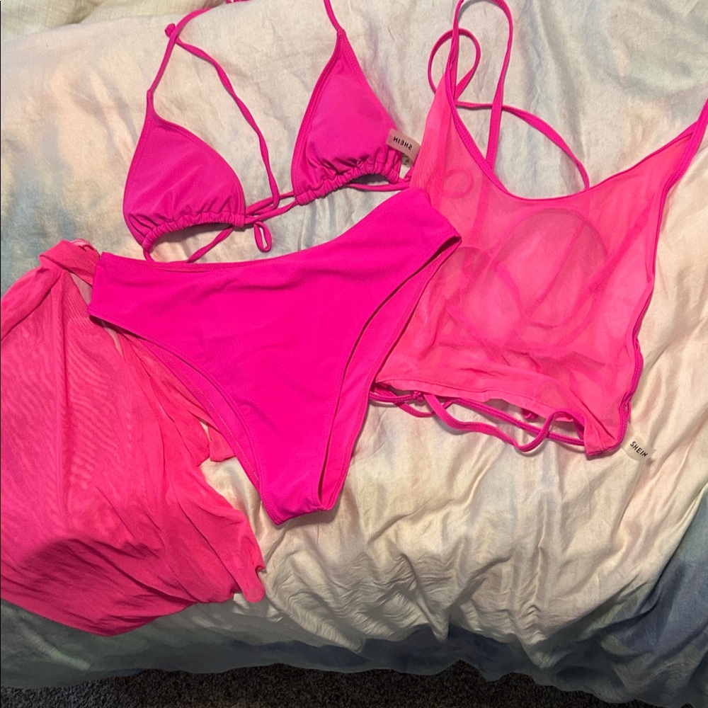 SHEIN Hot Pink 4 piece Bikini Set with Sheer Cover-Up
